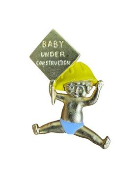 Baby Under Construction Gold-Tone Baby Brooch with Yellow Hard Hat